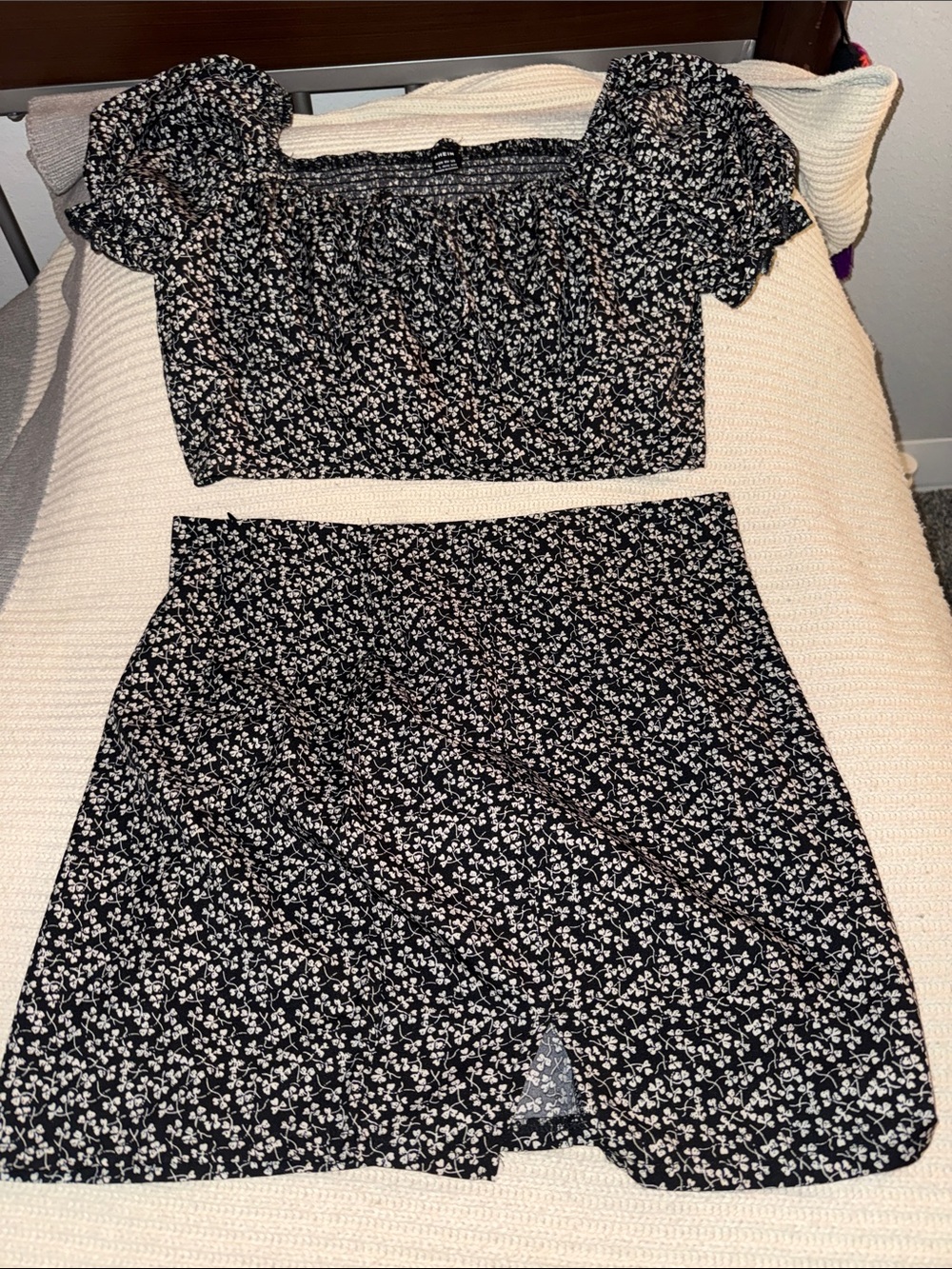 SHEIN Navy blue crop top and mini skirt with white floral print